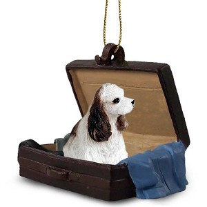 Brown & White Cocker Spaniel Dog in Travel Suitcase Hanging Ornament – Hand-Painted Stone Resin