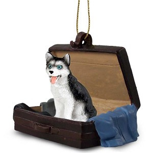 Black & White Blue Eyes Husky Dog in Travel Suitcase Hanging Ornament – Hand-Painted Stone Resin