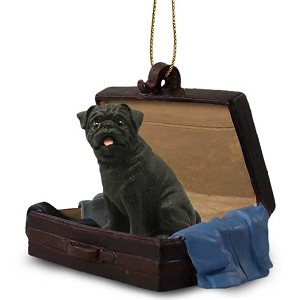 Black Pug Dog in Travel Suitcase Hanging Ornament – Hand-Painted Stone Resin