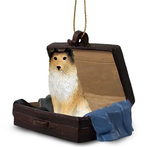 Sable Sheltie Dog in Travel Suitcase Hanging Ornament – Hand-Painted Stone Resin