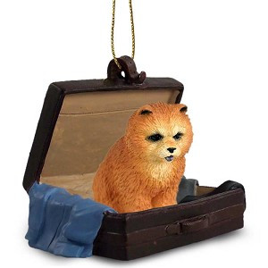 Red Chow Dog in Travel Suitcase Hanging Ornament – Hand-Painted Stone Resin