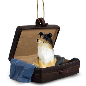 Tricolor Collie Dog in Travel Suitcase Hanging Ornament – Hand-Painted Stone Resin