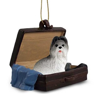 Gray Shih Tzu Dog in Travel Suitcase Hanging Ornament – Hand-Painted Stone Resin