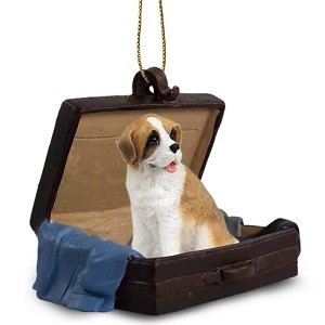 Rough Coat Saint Bernard Dog in Travel Suitcase Hanging Ornament – Hand-Painted Stone Resin