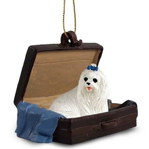 Maltese Dog in Travel Suitcase Christmas Ornament – Hand-Painted Stone Resin