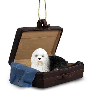 Old English Sheepdog in Travel Suitcase Hanging Ornament – Hand-Painted Stone Resin
