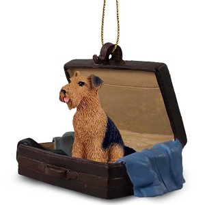 Airedale Dog in Travel Suitcase Hanging Ornament – Hand-Painted Stone Resin