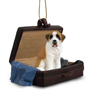 Smooth Coat Saint Bernard Dog in Travel Suitcase Hanging Ornament – Hand-Painted Stone Resin