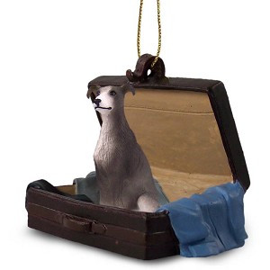 Blue White Greyhound Dog in Travel Suitcase Hanging Ornament – Hand-Painted Stone Resin