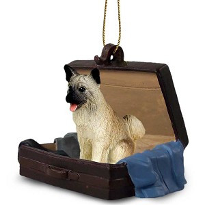 Fawn Akita Dog in Travel Suitcase Hanging Ornament – Hand-Painted Stone Resin