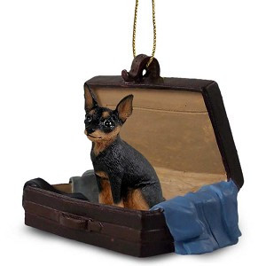 Tan & Black Miniature Pinscher Dog in Travel Suitcase Hanging Ornament – Hand-Painted Stone Resin