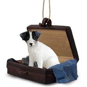 Black & White Rough Coat Jack Russell Terrier Dog in Travel Suitcase Hanging Ornament