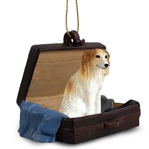 Borzoi Dog in Travel Suitcase Hanging Ornament – Hand-Painted Stone Resin