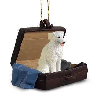 Kuvasz Dog in Travel Suitcase Hanging Ornament – Hand-Painted Stone Resin