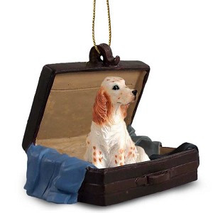 Orange Belton English Setter Dog in Travel Suitcase Hanging Ornament – Hand-Painted Stone Resin