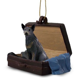 Blue Australian Cattle Dog in Travel Suitcase Hanging Ornament – Hand-Painted Stone Resin