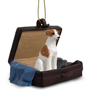 Brindle & White Whippet Dog in Travel Suitcase Hanging Ornament – Hand-Painted Stone Resin
