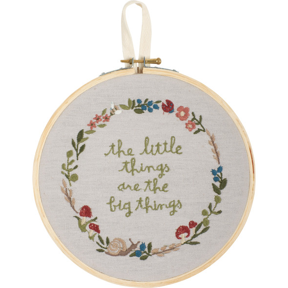 Decorative Round Hanging Loop Sign - Little Things Are The Big Things - Embroidered Linen 8 Inch from Primitives by Kathy