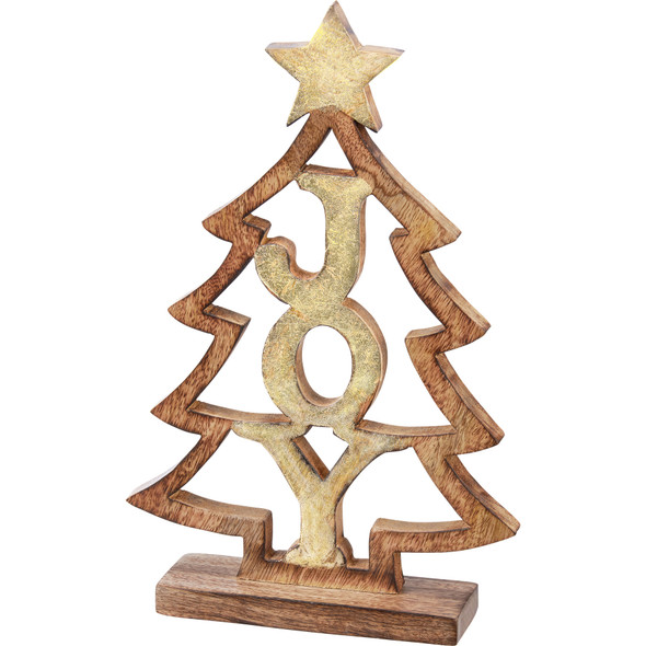 Decorative Bohemian Style Wooden Christmas Tree Figurine - Joy - 12.5 Inch from Primitives by Kathy
