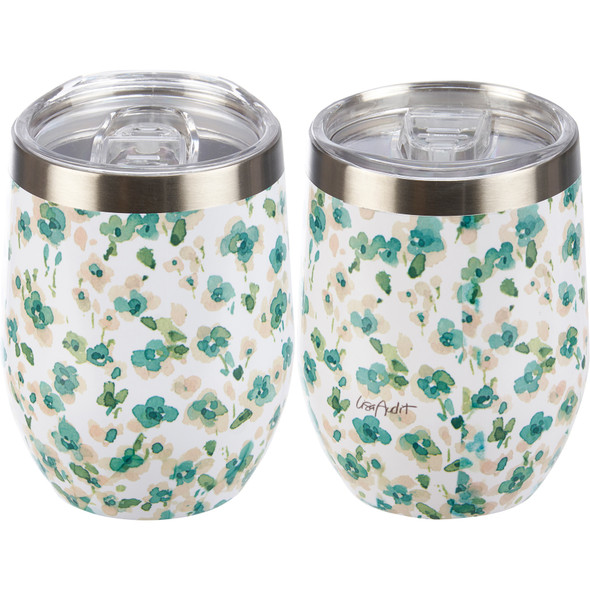 Stainless Steel Wine Tumbler Thermos - Mint Green Floral Design 12 Oz from Primitives by Kathy