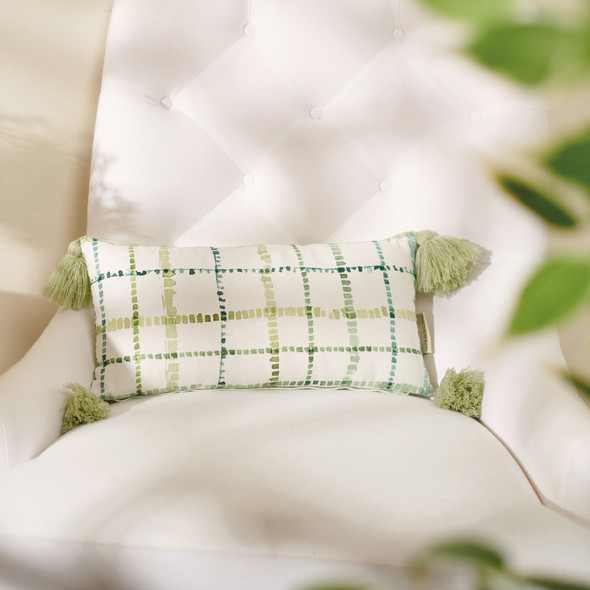 Decorative Cotton Throw PIllow - Green & White Spring Plaid With Tassels 16x8 from Primitives by Kathy