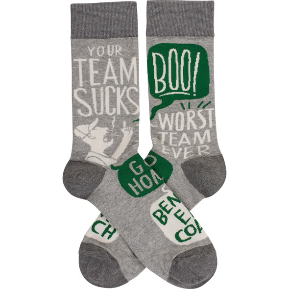 Colorfully Printed Cotton Novelty Socks - Your Team Sucks from Primitives by Kathy