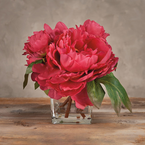 Decorative Glass Vase With Artificial Flowers - Red Peonies 6.25 Inch from Primitives by Kathy