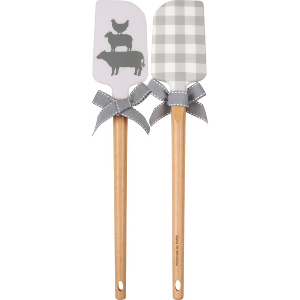 Double Sided Silicone Spatula - Farmhouse Animal Friends 13 Inch - Wooden Handle from Primitives by Kathy