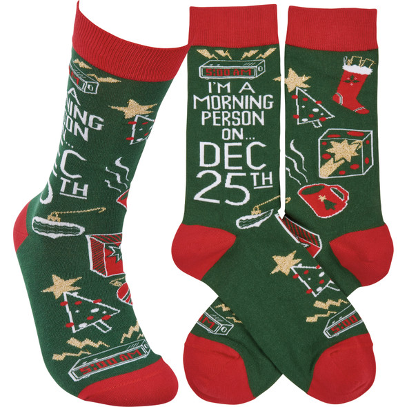 Colorfully Printed Cotton Socks - Morning Person On Dec 25th - Christmas Collection from Primitives by Kathy