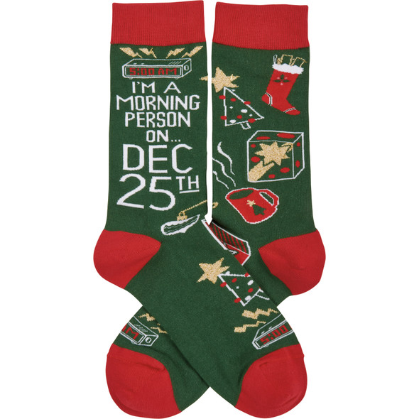 Colorfully Printed Cotton Socks - Morning Person On Dec 25th - Christmas Collection from Primitives by Kathy