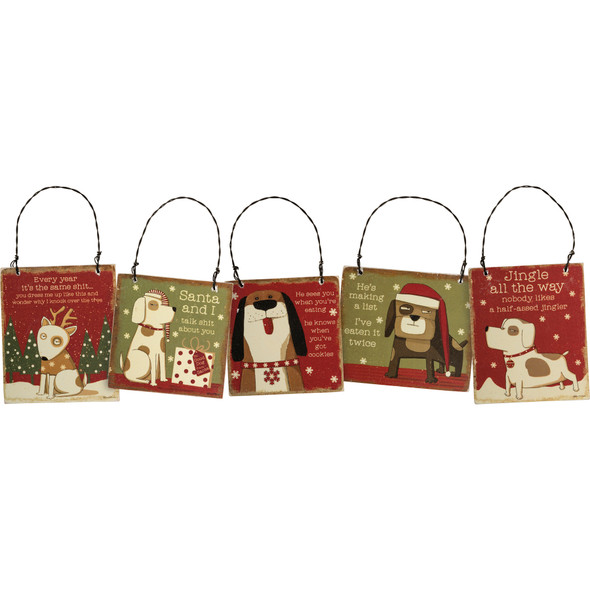 Dog Lover Set of 5 Wooden Hanging Christmas Ornaments - Sassy Dogs from Primitives by Kathy