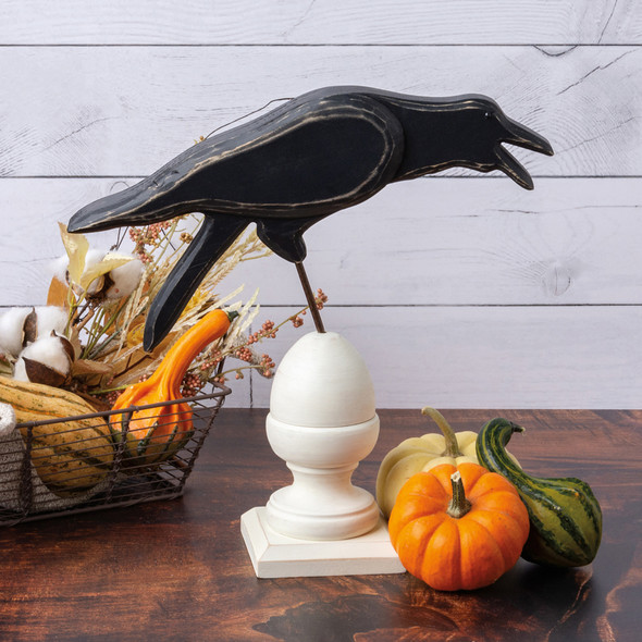 Wooden Cawing Crow On Finial Tabletop Figurine Decor 12.5 Inch from Primitives by Kathy