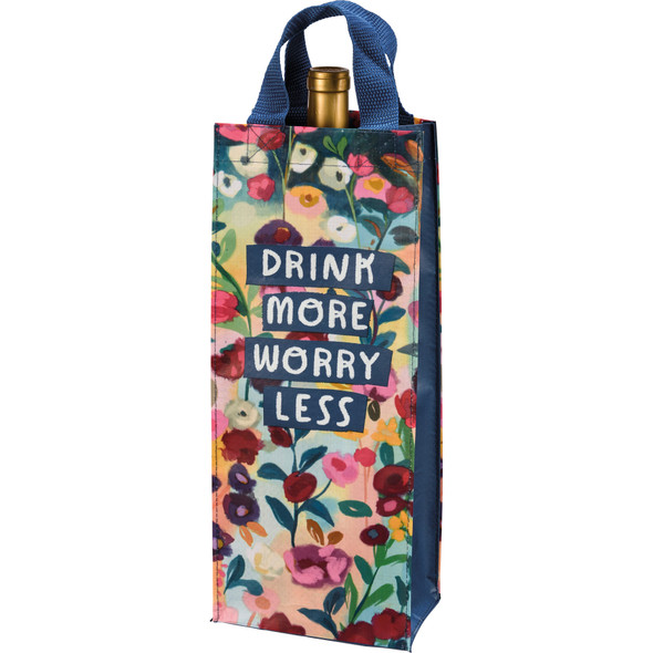 Double Sided Wine Bottle Tote Bag Carrier - Drink More Worry Less - Colorful Floral Design from Primitives by Kathy