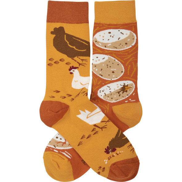 Colorfully Printed Cotton Socks - Chicken & Eggs Mismatched Design from Primitives by Kathy