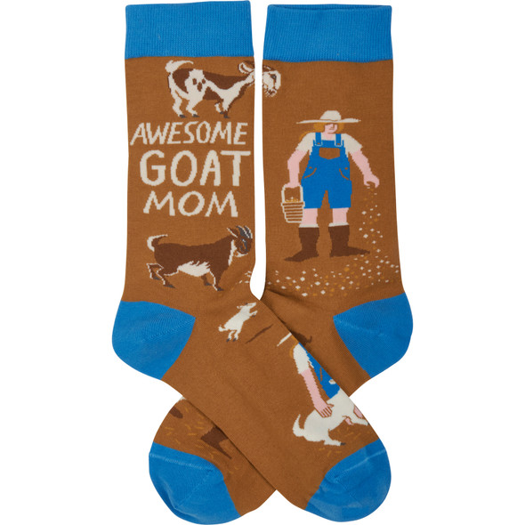 Colorfully Printed Cotton Socks - Awesome Goat Mom - Brown & Blue from Primitives by Kathy