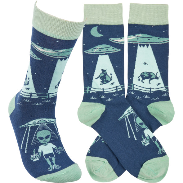 Colorfully Printed Cotton Novelty Socks - Alien UFO Abducting Cow from Primitives by Kathy