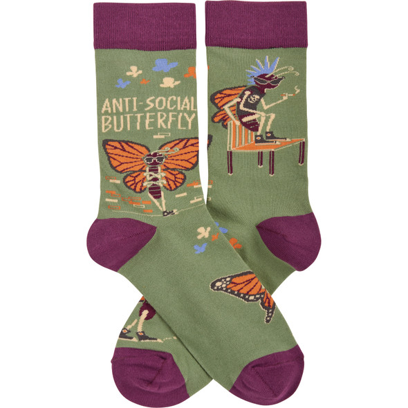 Colorfully Printed Cotton Novelty Socks - Anti-Social Butterfly from Primitives by Kathy