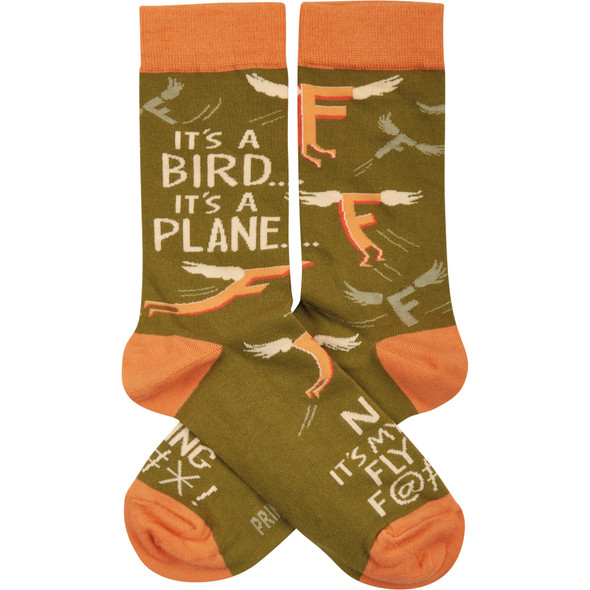 Colorfully Printed Cotton Novelty Socks - It's A Bird It's A Plane - No It's My Last Flying F@#*! From Primitives by Kathy