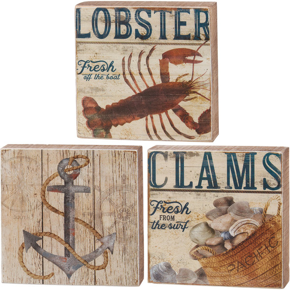 Set of 3 Rustic Wooden Decorative Block Signs - Lobster Anchor Clams - Beach Collection from Primitives by Kathy