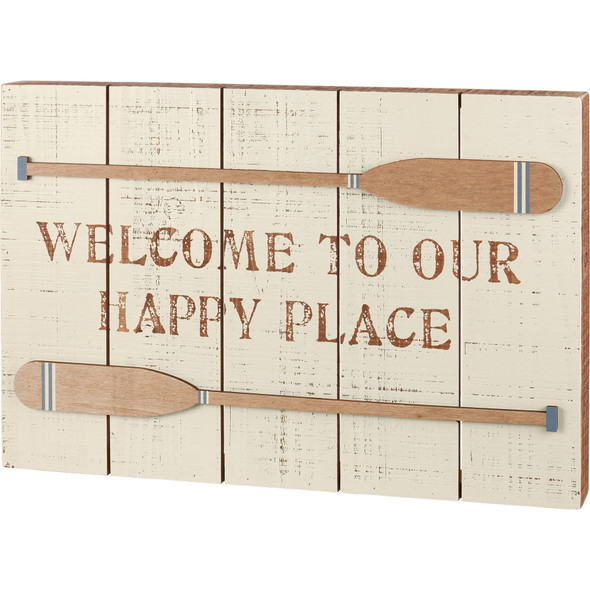 Rustic Decorative Wooden Slat Box Sign Decor - Welcome Our Happy Place - Canoes - 17.5 In x 12 In from Primitives by Kathy