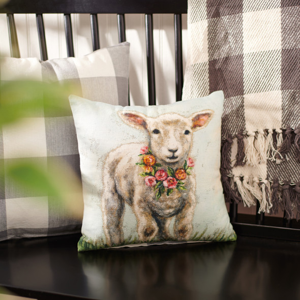 Decorative Cotton Throw Pillow - Lamb With Floral Wreath 12x12 - Easter & Spring Collection from Primitives by Kathy