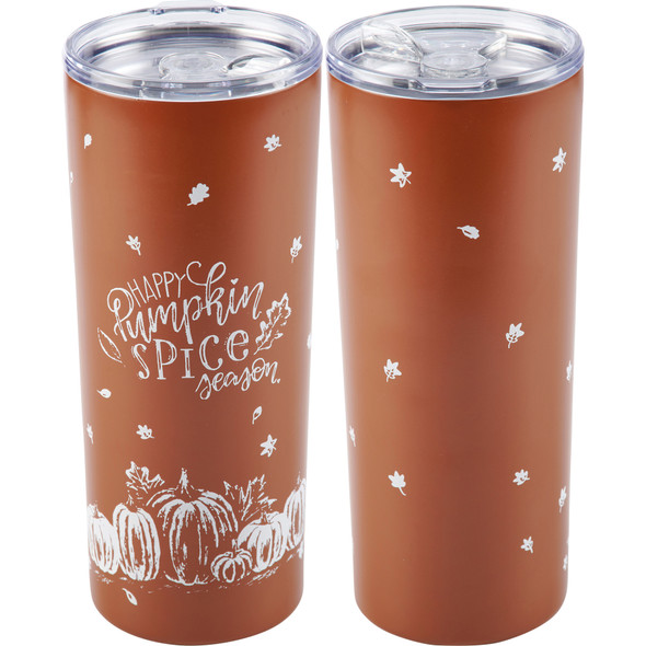 Stainless Steel Coffee Tumbler Thermos - Happy Pumpkin Spice - Falling Leaves - 20 Oz from Primitives by Kathy