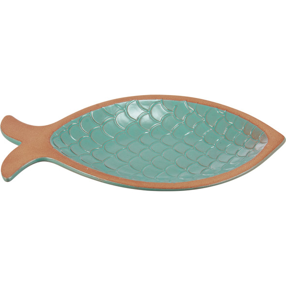 Decorative Ceramic Platter - Fish Shaped - Light Blue Glaze Finish - 9.25 In x 6 In - Beach Collection from Primitives by Kathy