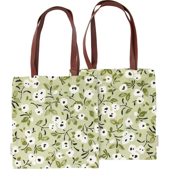 Cotton Tote Bag With Handles - White Poppies On Green Background from Primitives by Kathy