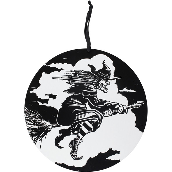 Decorative Round Wooden Black & White Wall Decor Sign - Flying Witch - 15 Inch Diameter from Primitives by Kathy