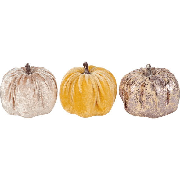 Set of 3 Velvet Pumpkin Figurines 3.5 In x 3.25 In - Various Colors - Fall & Harvest Collection from Primitives by Kathy