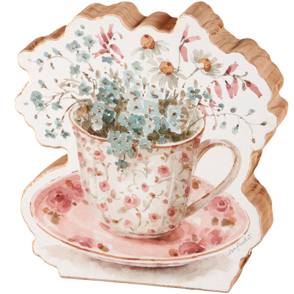 Decorative Wooden Sign Decor - Pink Teacup & Watercolor Florals - 4.75 In x 4.5 In from Primitives by Kathy