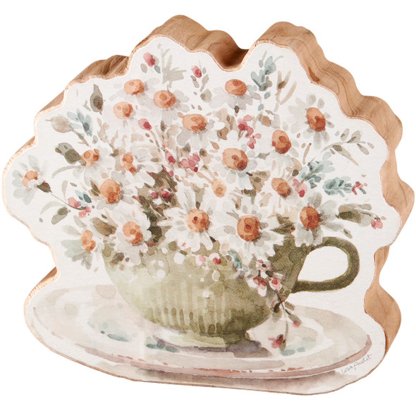 Decorative Wooden Decor Sign - Sage Teacup & Watercolor Florals - 4.75 In x 4.25 In from Primitives by Kathy