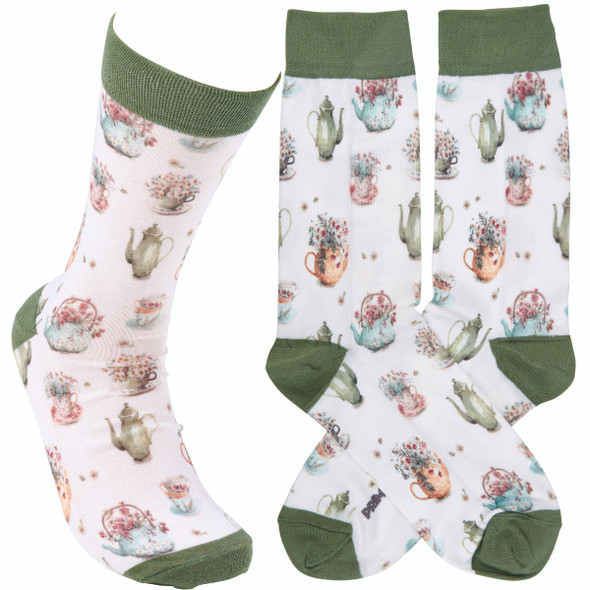 Tea Lover Colorfully Printed Cotton Novelty Socks from Primitives by Kathy