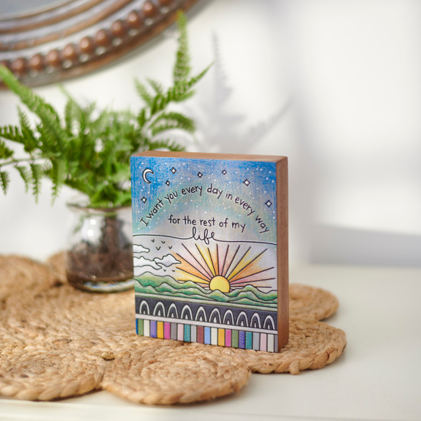 Decorative Woodburn Art Wooden Block Sign - I Want You Everyday - Sun Moon & Stars 5.5 Inch from Primitives by Kathy